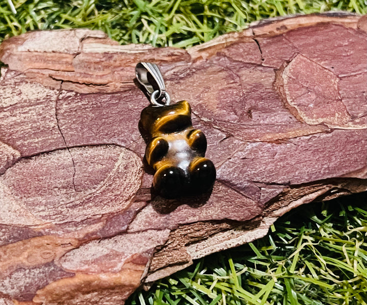 Pendentif en Oeil de Tigre en forme de bonbon nounours - Les bijoux de Théa