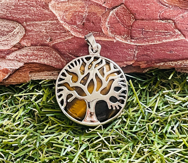 Pendentif en Oeil de tigre et arbre de vie - Les bijoux de Théa