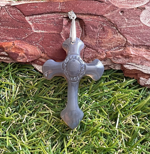 Croix en Argent 925 serti d'un Agate grise - Les bijoux de Théa