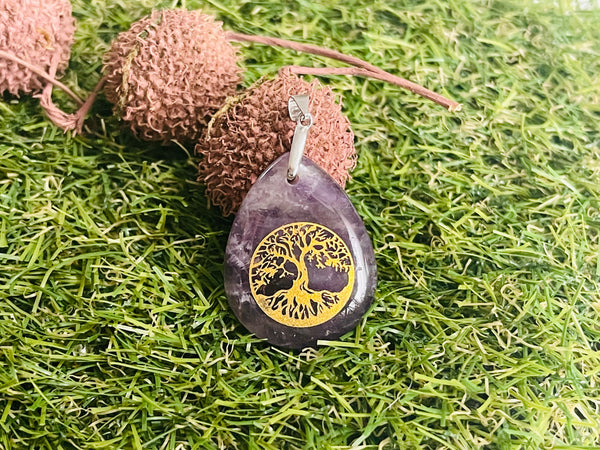 Pendentif cabochon en Améthyste, arbre de vie et bélière en Argent 925 - Les bijoux de Théa