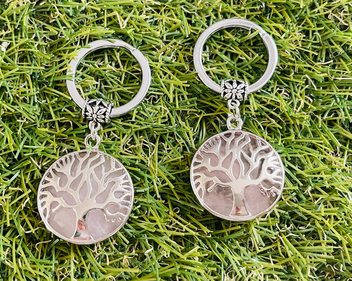 Porte-clés en Quartz rose et arbre de vie - Les bijoux de Théa