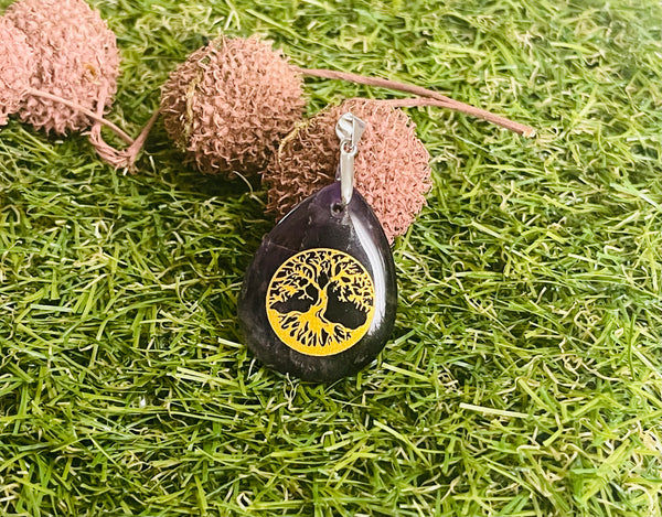 Pendentif en améthyste cabochon, arbre de vie et bélière en Argent 925 - Les bijoux de Théa