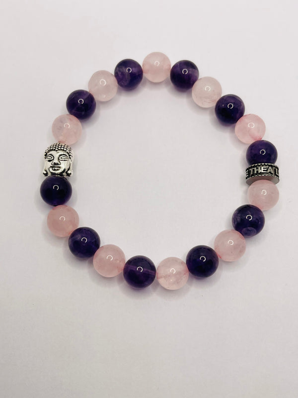 Bracelet en perles naturelles en Quartz Rose, Améthyste et bouddha